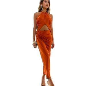 ASOS DESIGN halter ruched midi dress with central cut out detail in rust
